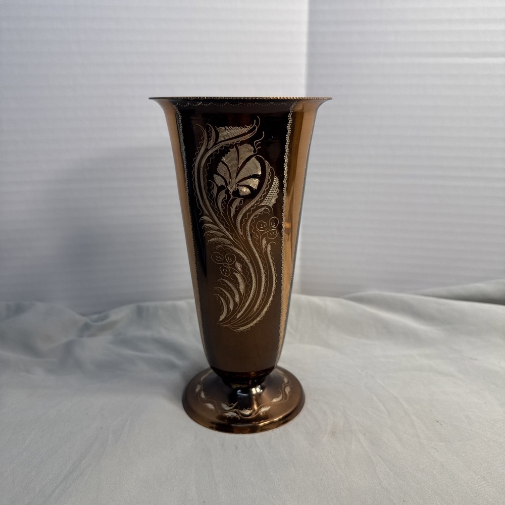 Vintage Gulistan Etched Copper Bud Vase 7.5" Made in Turkey Floral Boho Decor